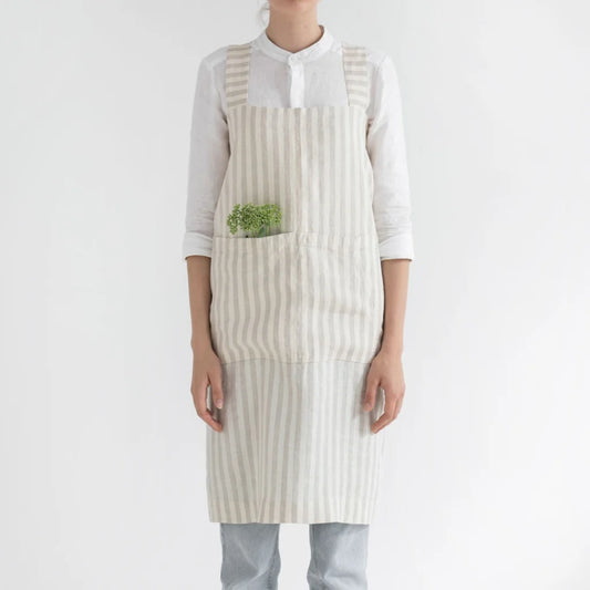 Leinen Pinafore-Schürze Streifen in Creme+Beige Muster Streifen von Linen Tales Größe 114 cm breit+ 83 cm lang