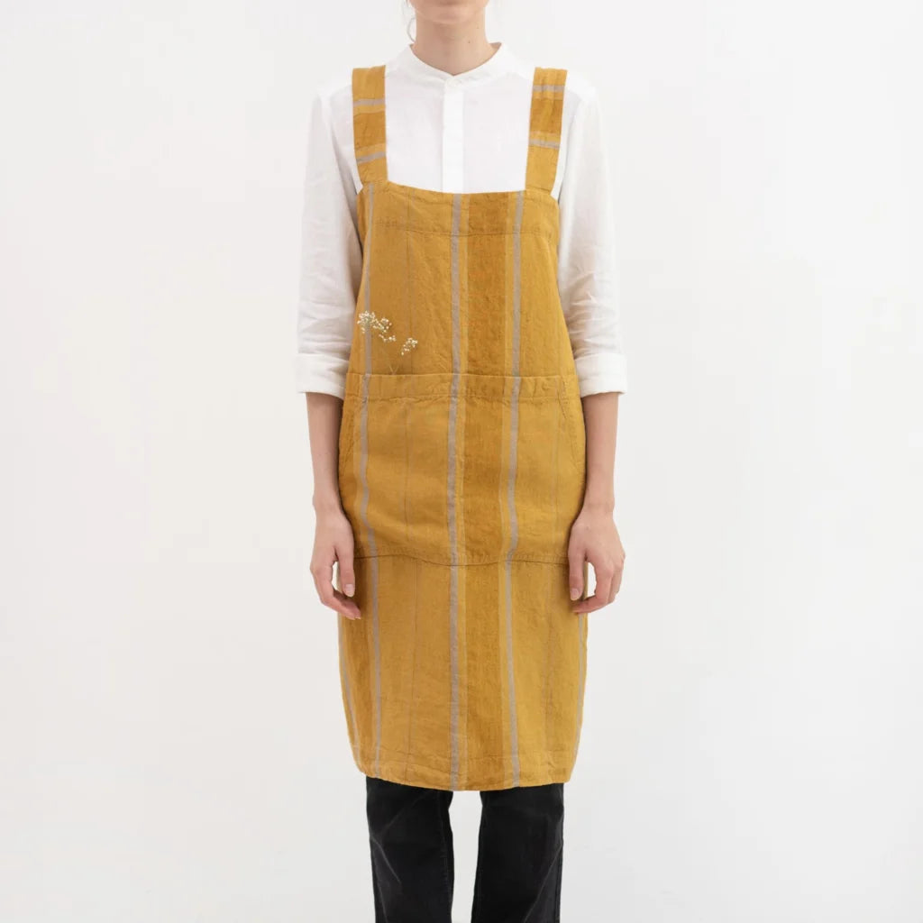 Leinen Pinafore-Schürze Streifen in Senfgelb+Bronze Gelb+Gelb Muster Streifen von Linen Tales Größe 114 cm breit+ 83 cm lang