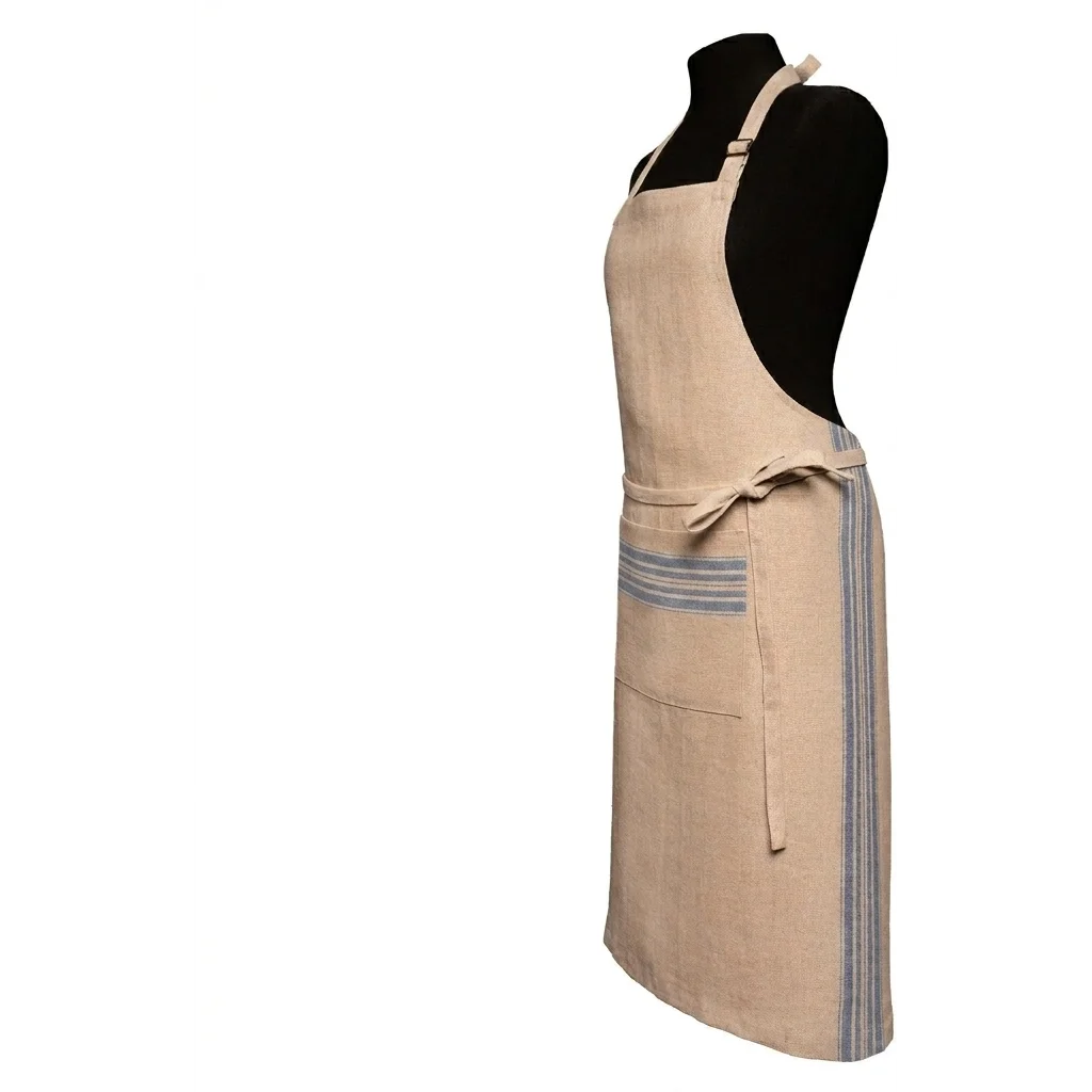 Leinen Schürze JARA in Beige+Blau Muster Streifen von Erika Vaitkute Größe 92x93 cm