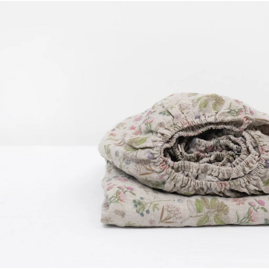 Leinen Spannbettlaken Botanik für Matratzen in Übergröße in Creme+Rosa+Grün+Braun Muster Botanik von Linen Tales Größe 160x200 cm