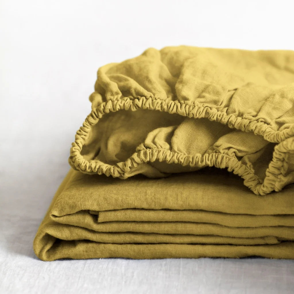 Leinen Spannbettlaken für Matratzen in Standardgröße - Einzelbett in Senfgelb Gelb von Linen Tales Größe 90x200 cm