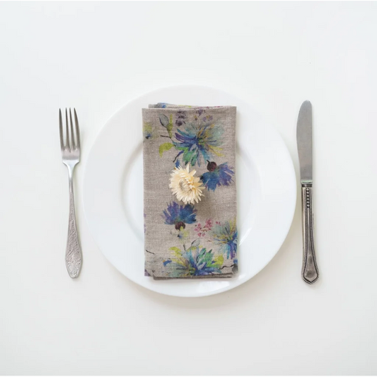 Leinen Stoffserviette Blumen 2er-Pack in Creme+Blau Muster Blumen von Linen Tales Größe 40x40 cm