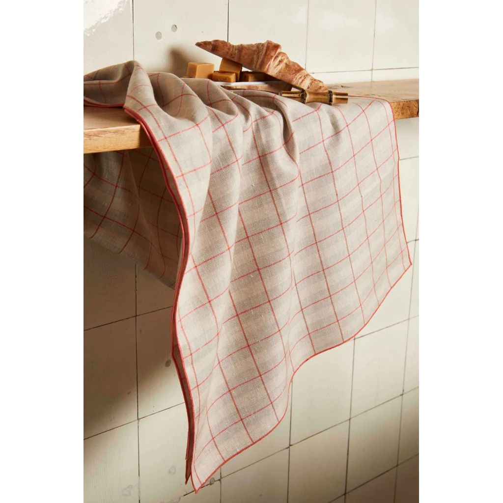 Leinen Stoffserviette ULA 6er-Pack in Beige+Koralle Beige+Orange Muster Karo von Erika Vaitkute Größe 47x47 cm