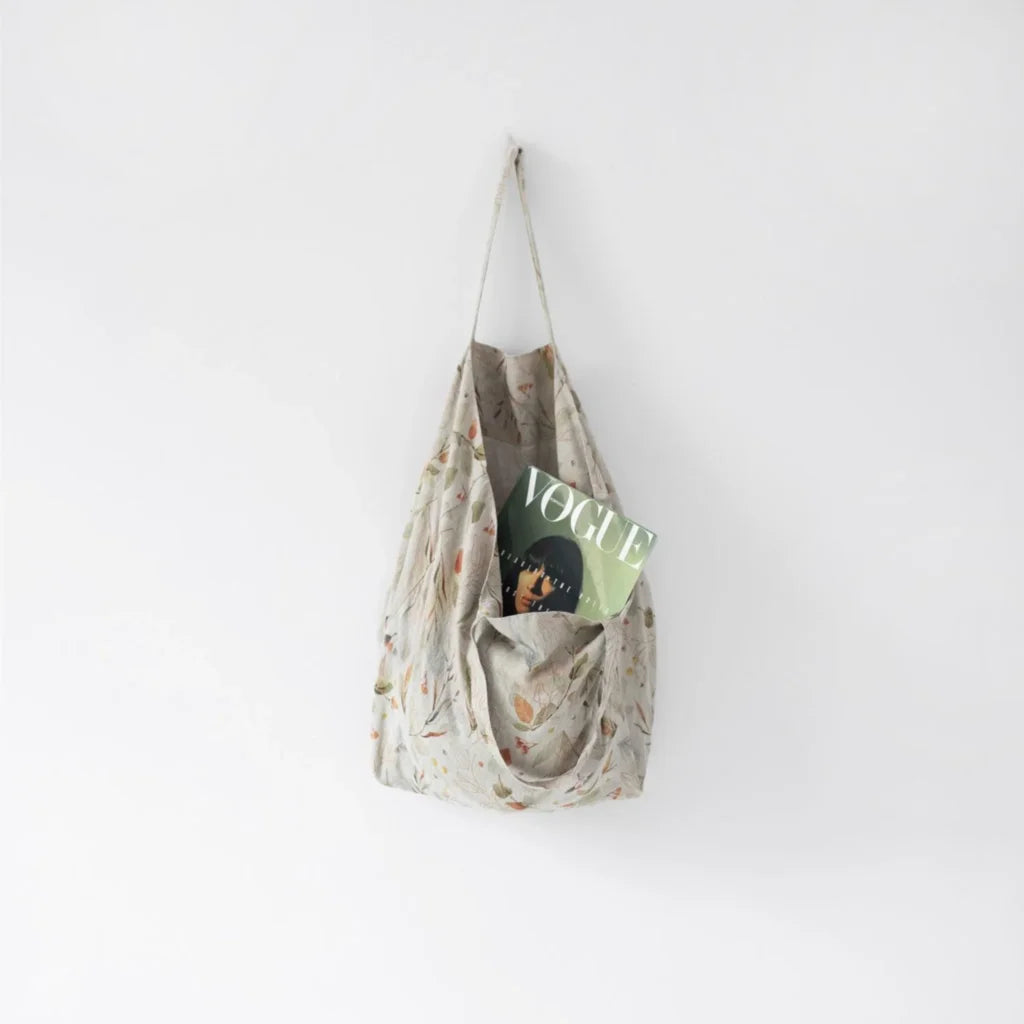 Leinen Tasche Blätter in Creme+Braun Muster Blätter von Linen Tales Größe 54 cm breit+ 60 cm lang