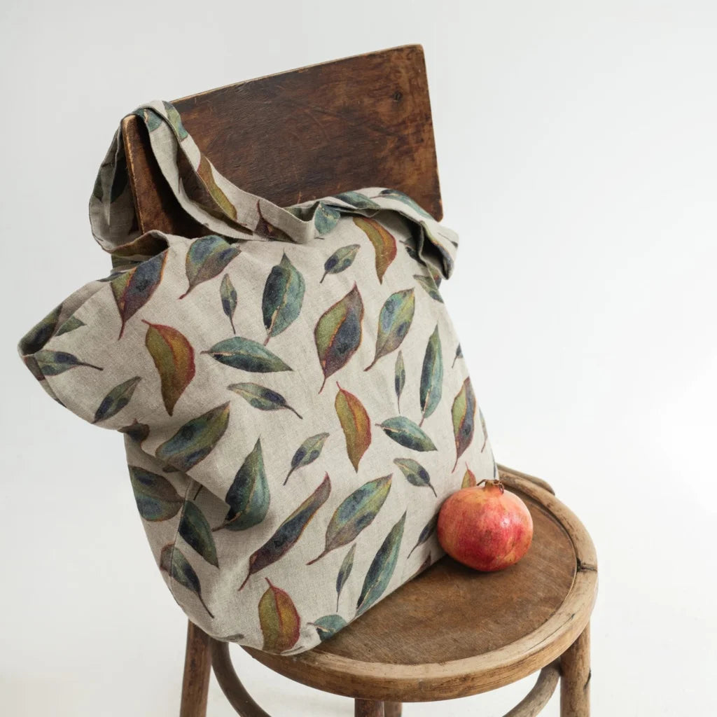 Leinen Tasche Blätter in Creme+Grün+Orange Muster Blätter von Linen Tales Größe 54 cm breit+ 60 cm lang