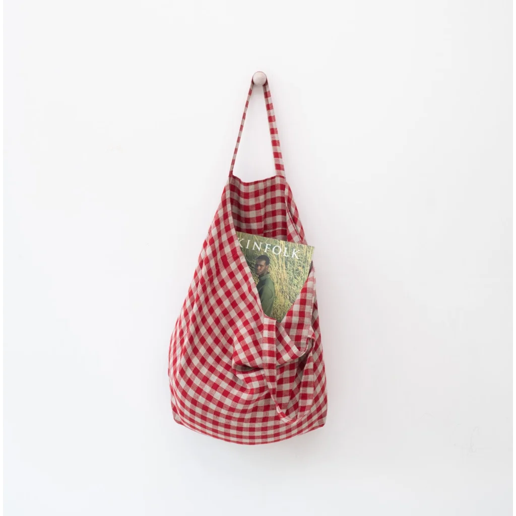 Leinen Tasche Karo in Rot+Beige Muster Karo von Linen Tales Größe 54 cm breit+ 60 cm lang