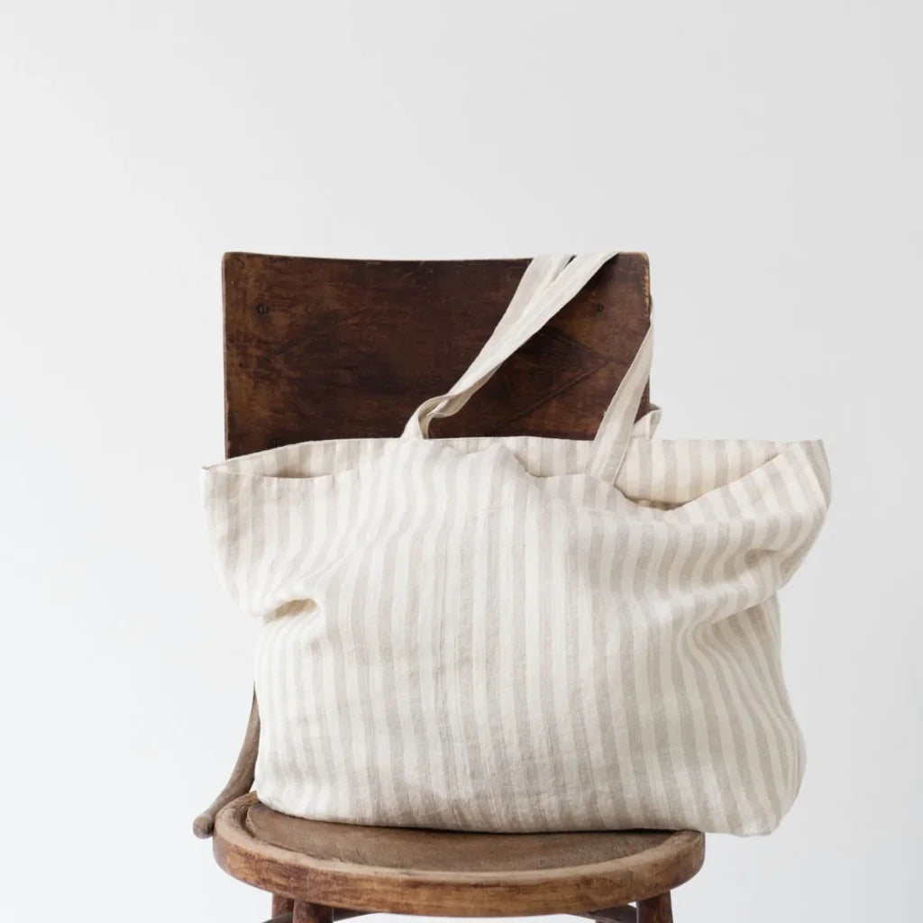 Leinen Tasche Streifen in Creme+Beige Muster Streifen von Linen Tales Größe 54 cm breit+ 60 cm lang
