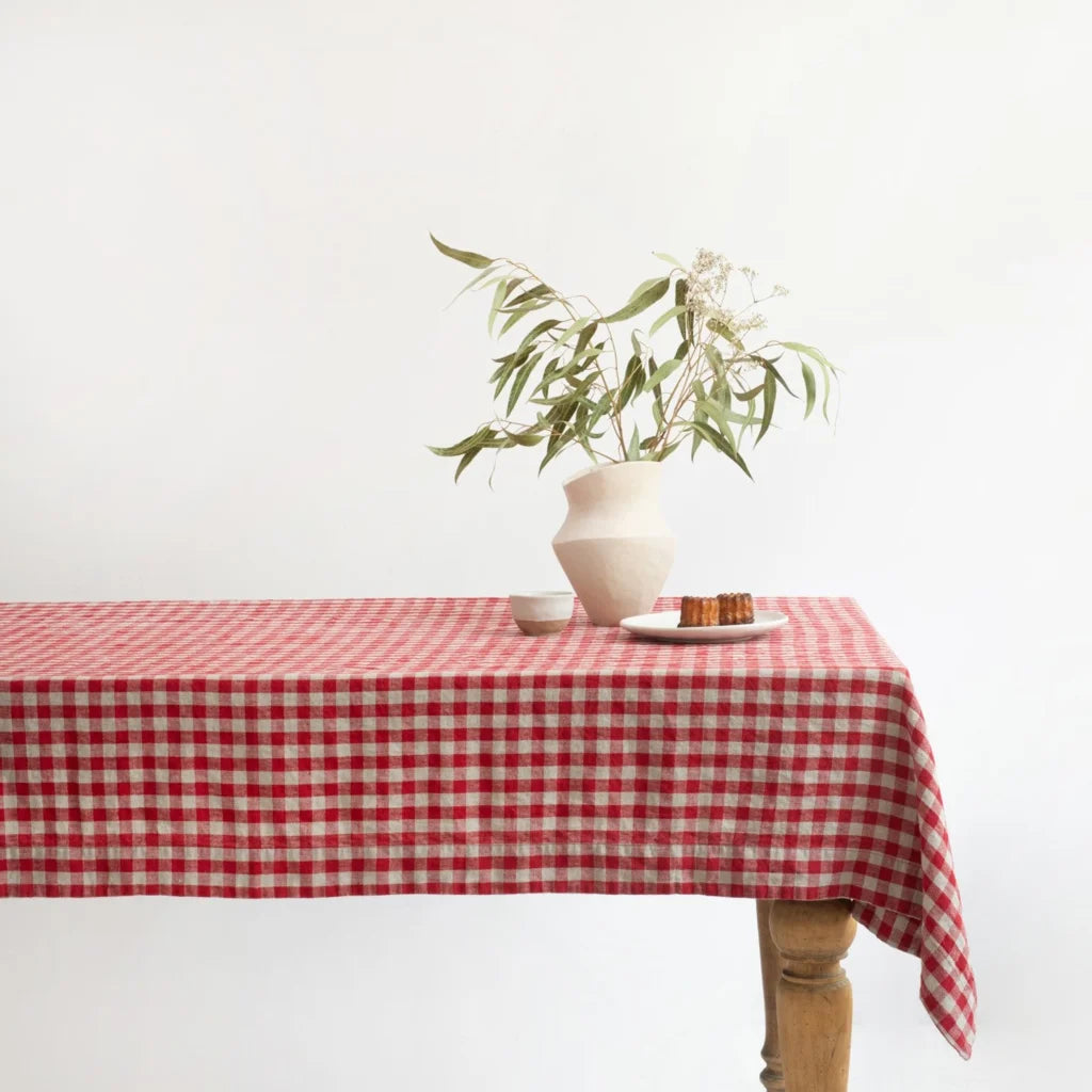 Leinen Tischdecke Karo in Rot+Beige Muster Karo von Linen Tales Größe 140x350 cm