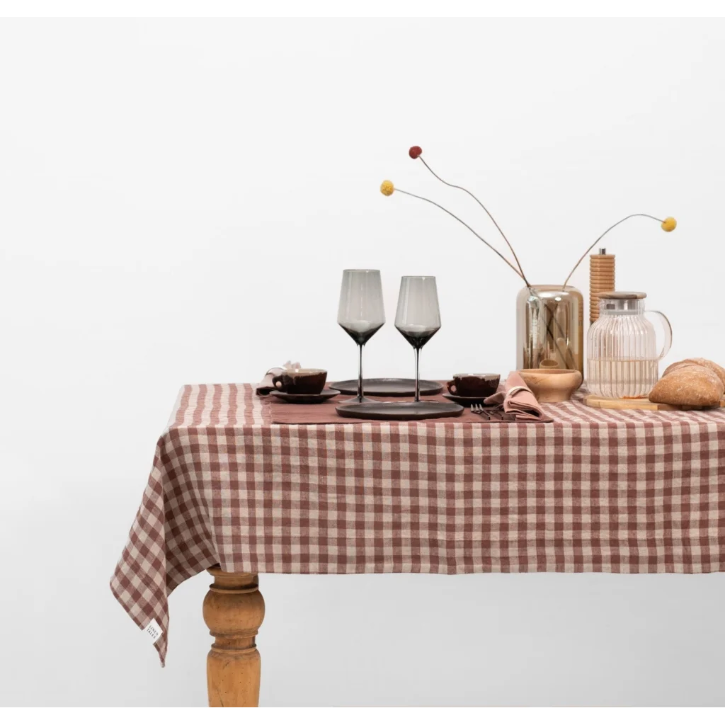 Leinen Tischdecke Karo in Schokolade+Beige Braun+Beige Muster Karo von Linen Tales Größe 140x250 cm