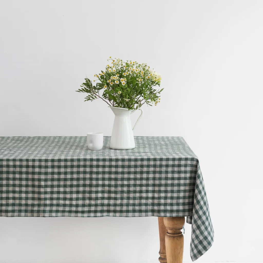 Leinen Tischdecke Karo in Waldgrün+Beige Grün+Beige Muster Karo von Linen Tales Größe 140x380 cm
