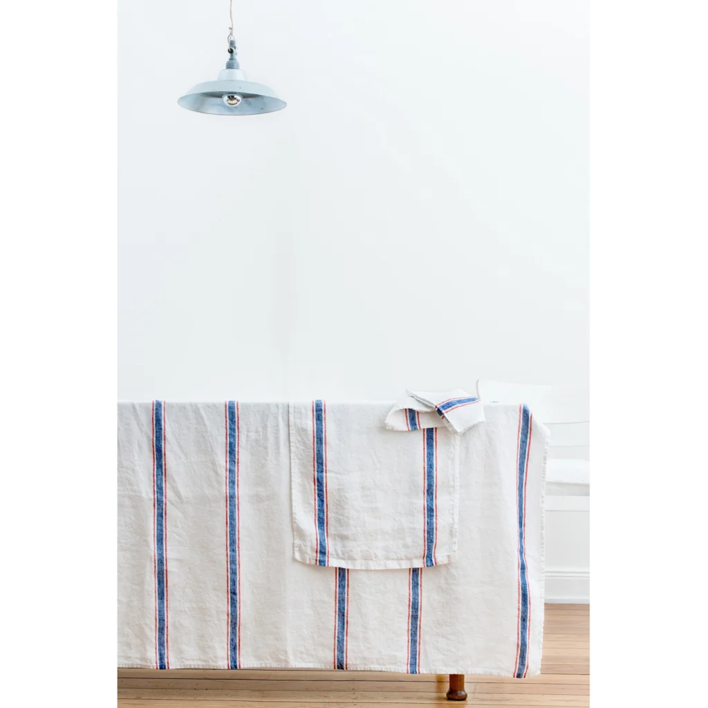 Leinen Tischläufer VENTA in Weiß+Blau+Rot Muster Streifen von Erika Vaitkute Größe 43x150 cm