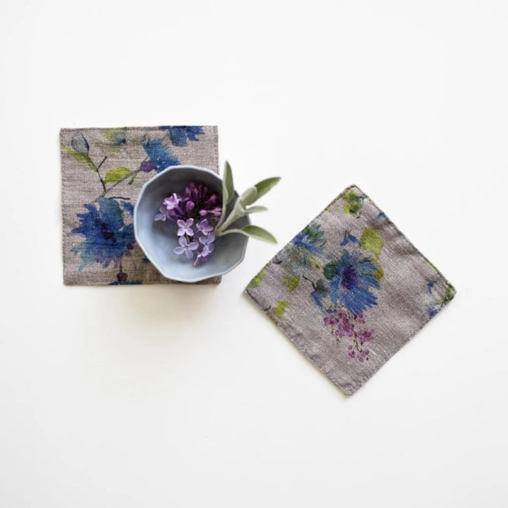Leinen Untersetzer Blumen 4er-Pack in Creme+Blau Muster Blumen von Linen Tales Größe 15x15 cm