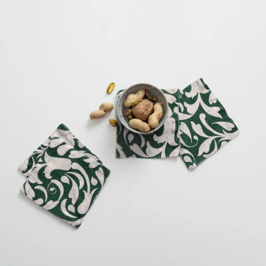 Leinen Untersetzer Ranke 4er-Pack in Grün+Beige Muster Ranke von Linen Tales Größe 15x15 cm