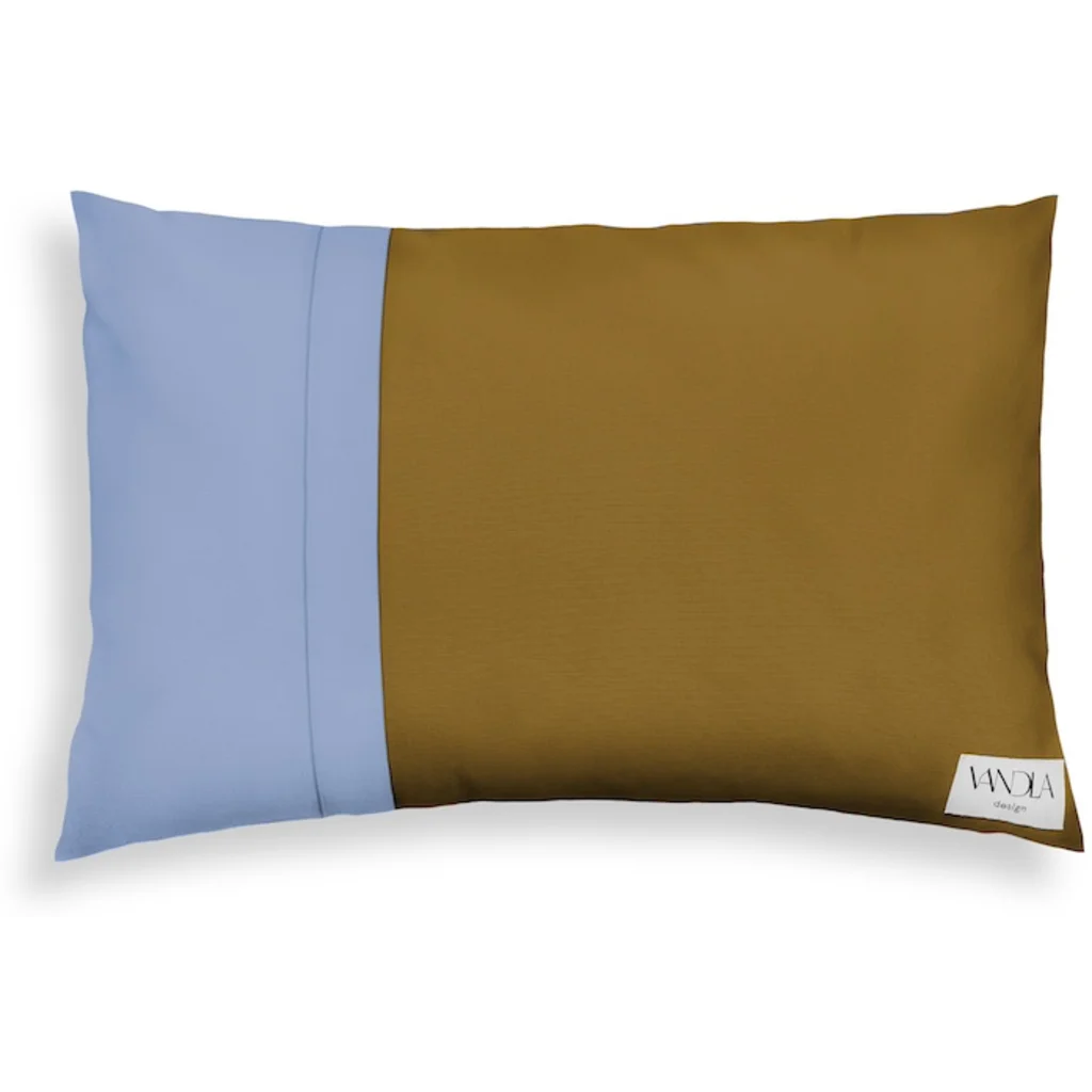 Modulare Kissenhülle rechteckig Farbkombinationen mit Hellbraun in Hellbraun+Jeansblau Braun+Blau von Vandla design Größe 40x60 cm
