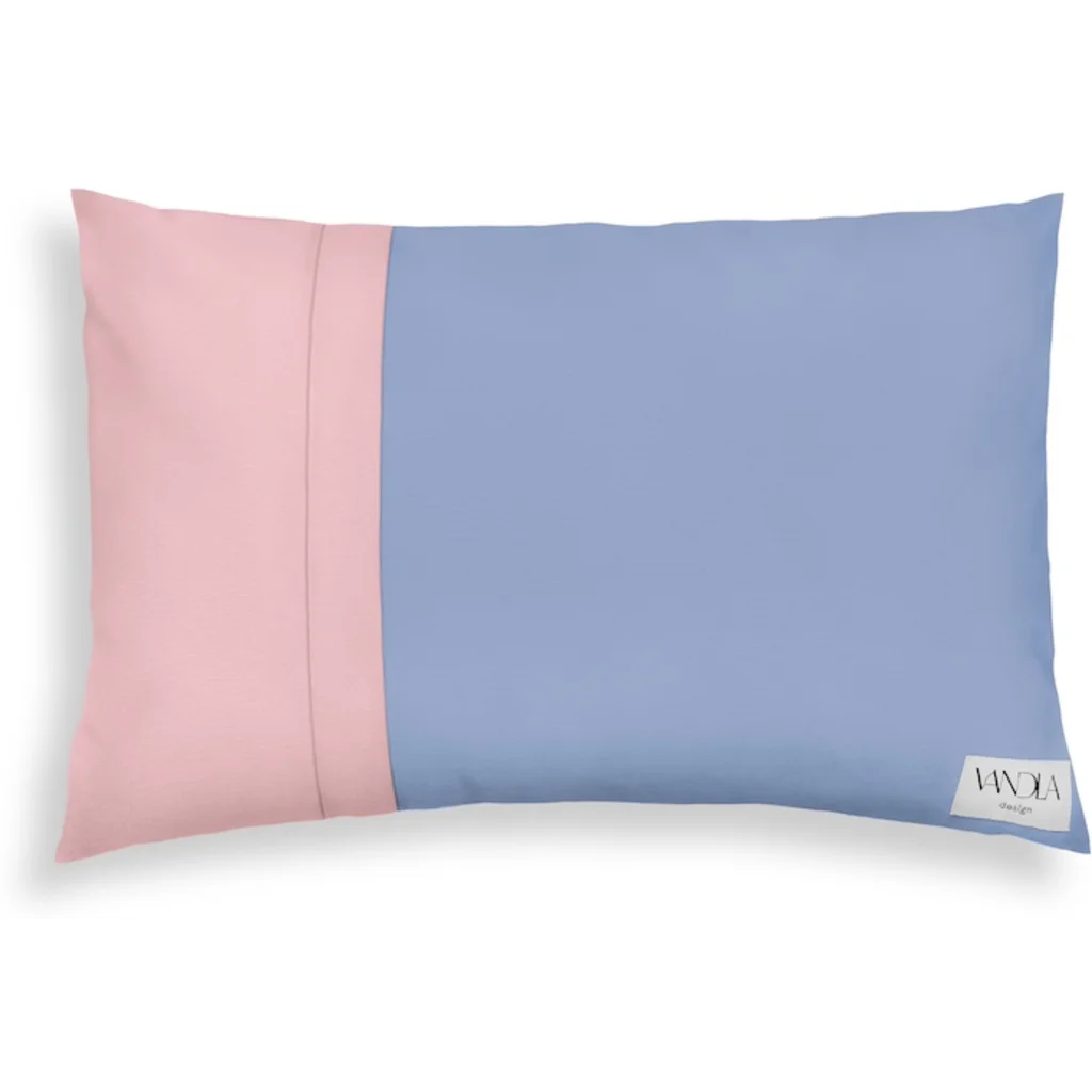 Modulare Kissenhülle rechteckig Farbkombinationen mit Jeansblau in Jeansblau+Zartrosa Blau+Rosa von Vandla design Größe 40x60 cm