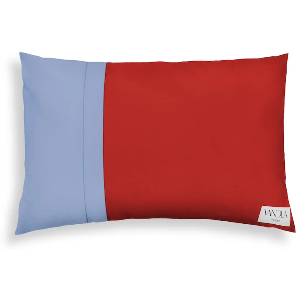 Modulare Kissenhülle rechteckig Farbkombinationen mit Rot in Rot+Jeansblau Rot+Blau von Vandla design Größe 40x60 cm