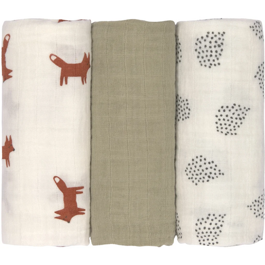 Mull Baby-Tuch Fuchs 3er-Pack in Olive Grün Muster Fuchs von Lässig Größe 60x60 cm
