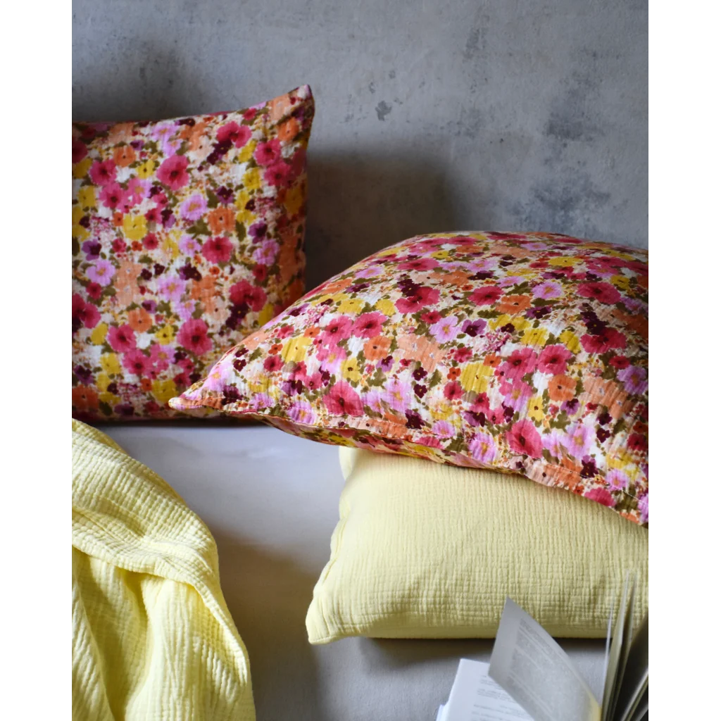Musselin Bettwäsche Blumen Garnitur 3-teilig in Rosa+Orange+Gelb Muster Blumen von hutch&putch Größe 200x200 + 2x 80x80 cm