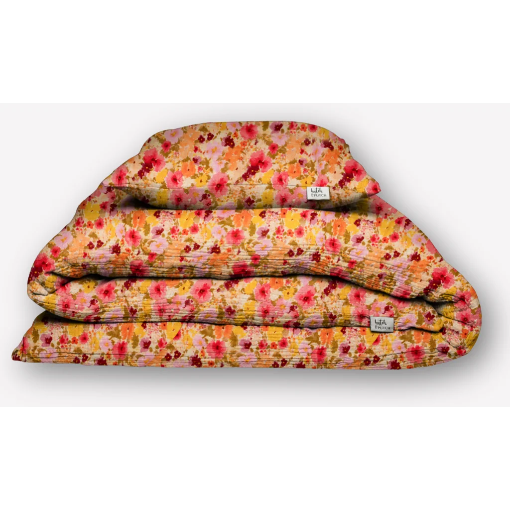 Musselin Bettwäsche Blumen Garnitur 3-teilig in Rosa+Orange+Gelb Muster Blumen von hutch&putch Größe 240x220 + 2x 80x80 cm