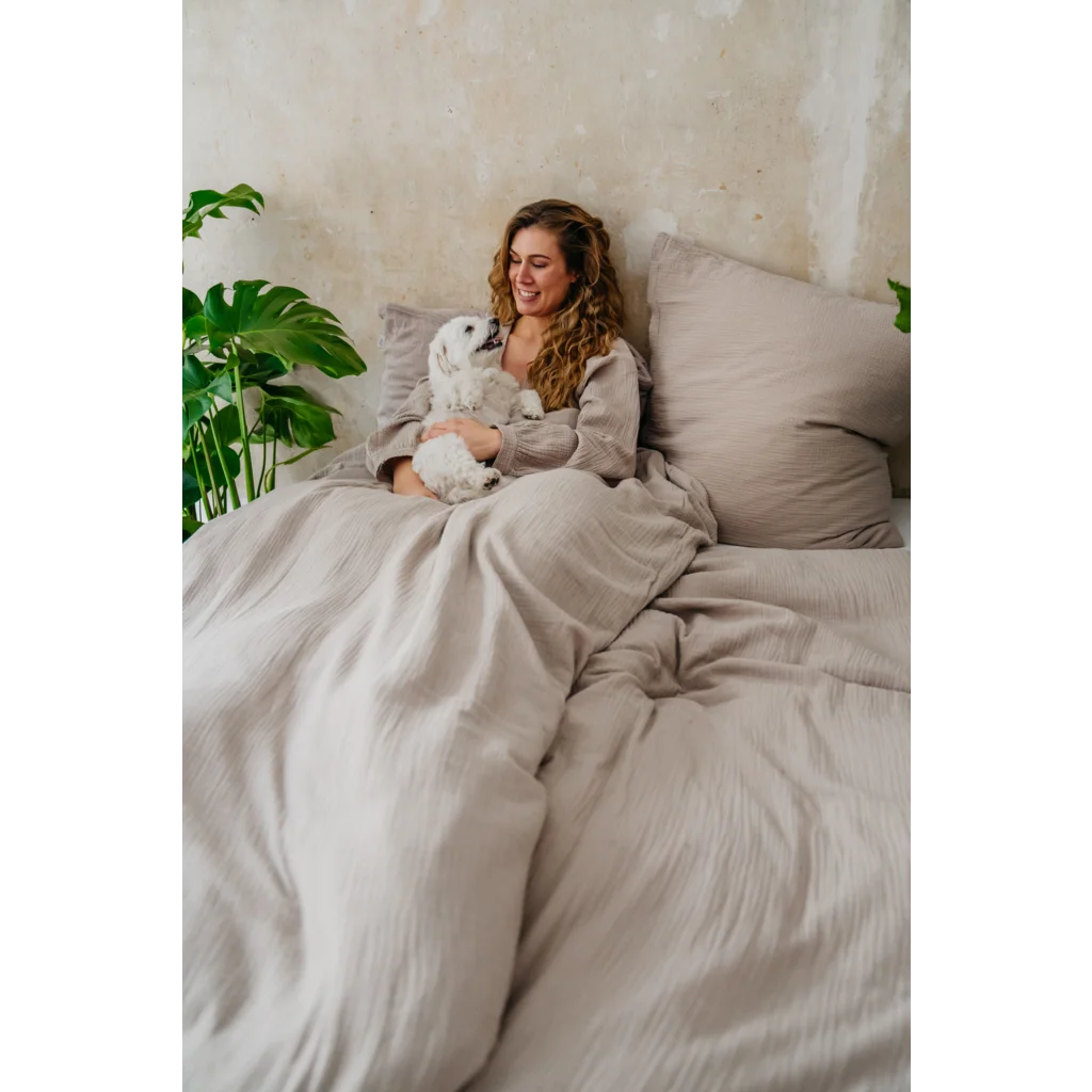 Musselin Bettwäsche Garnitur 3-teilig in Stein Beige von hutch&putch Größe 240x220 + 2x 40x60 cm