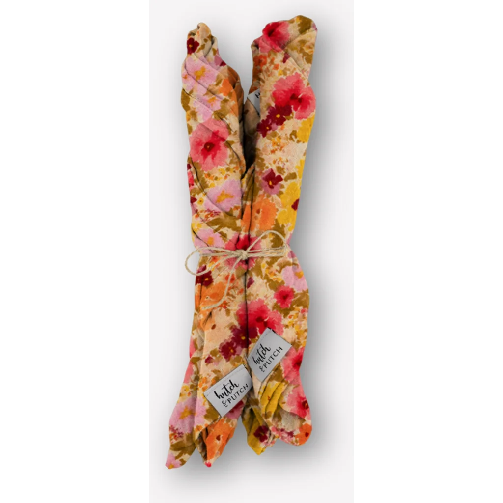 Musselin Stoffserviette Blumen 4er-Pack in Rosa+Orange+Gelb Muster Blumen von hutch&putch Größe 42x42 cm