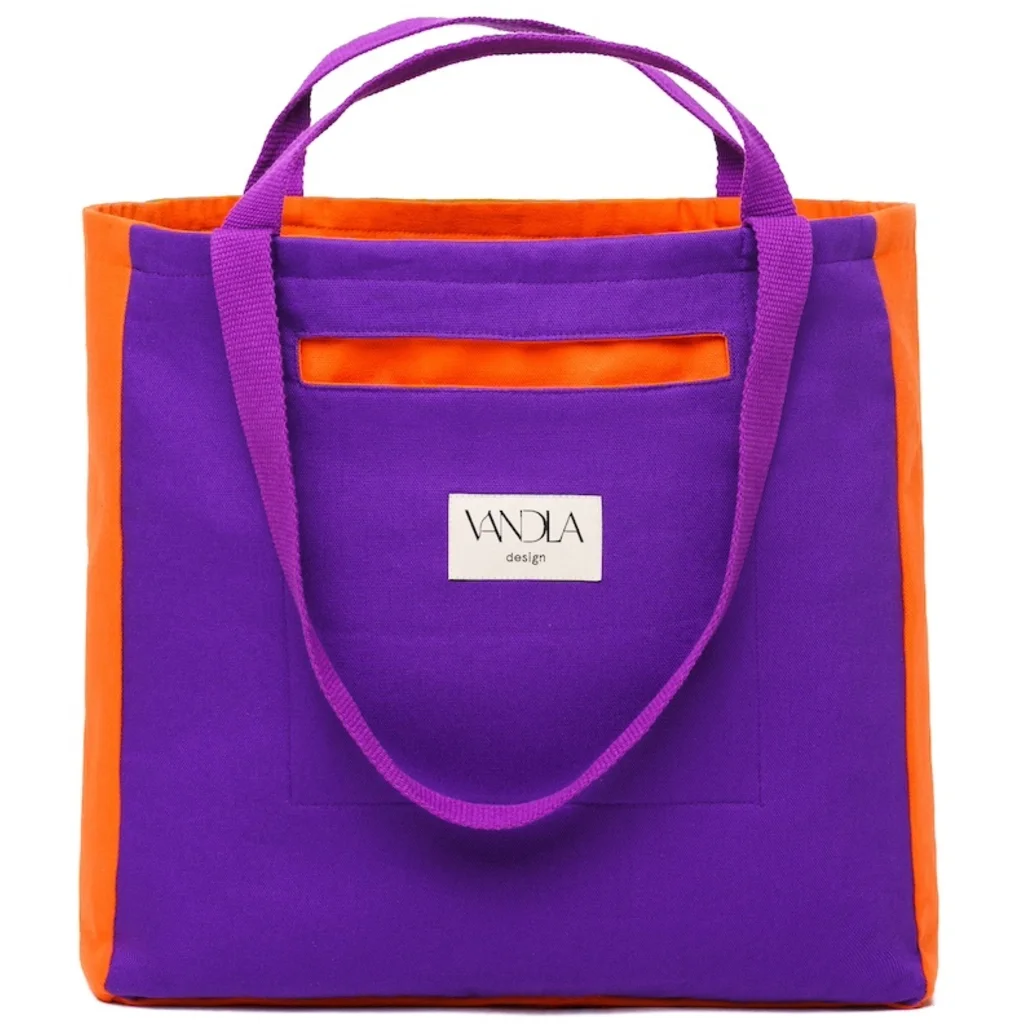 Wendetasche in Lila+Orange+Hellbraun Lila+Orange+Braun Muster 3-farbig von Vandla design Größe 40x40x12 cm