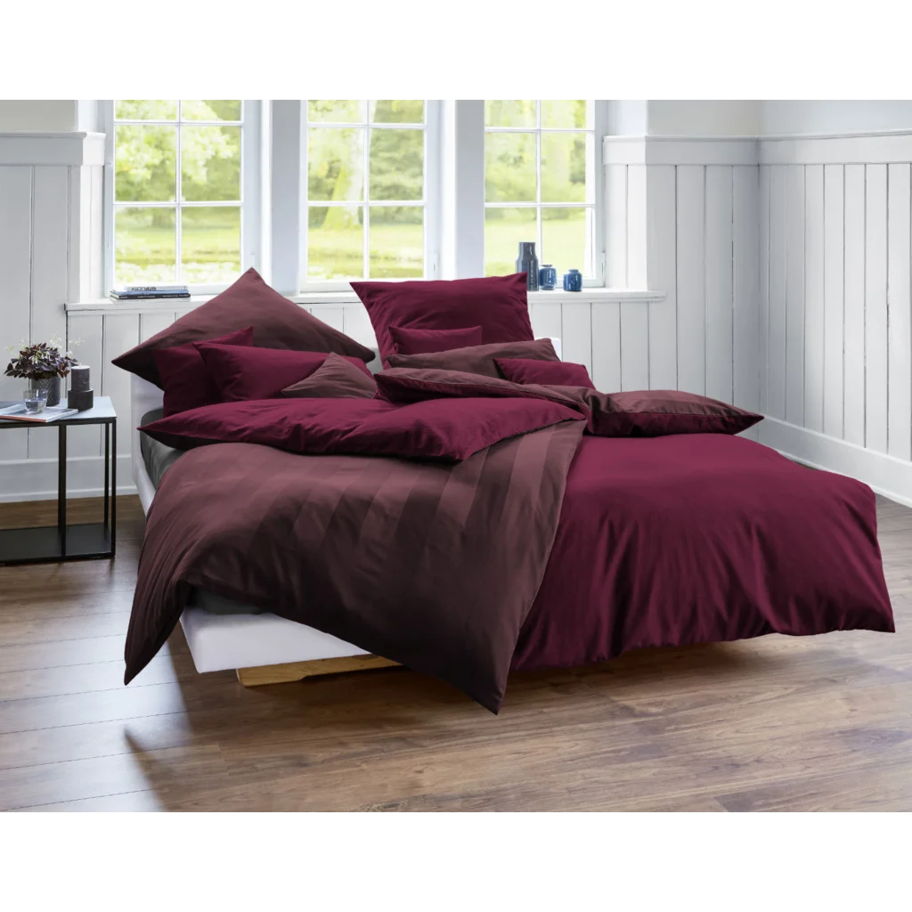 Bio Edel-Biber+Satin Wendebettwäsche Tandem Garnitur in Teak+Himbeere Braun+Beere von Cotonea Größe 135x200 + 80x80 cm