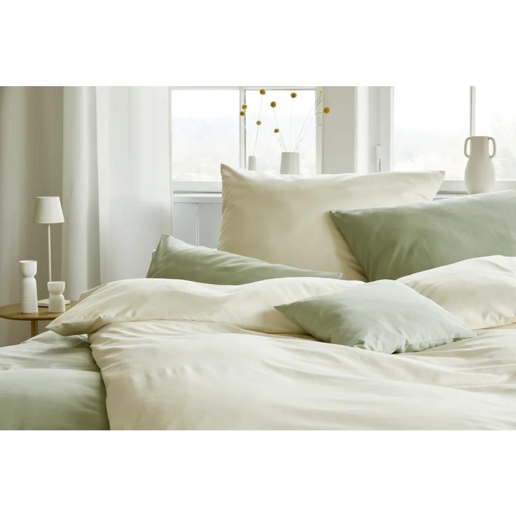 Bio Feinsatin Bettwäsche Premium Garnitur in Creme von Cotonea Größe 135x200 + 80x80 cm