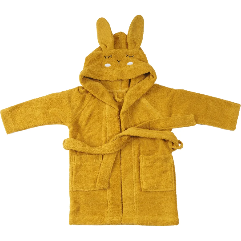 Bio Frottier Baby-+Kinder-Bademantel Hase in Senfgelb Gelb Muster Hase von kikadu Größe 3-4 Jahre