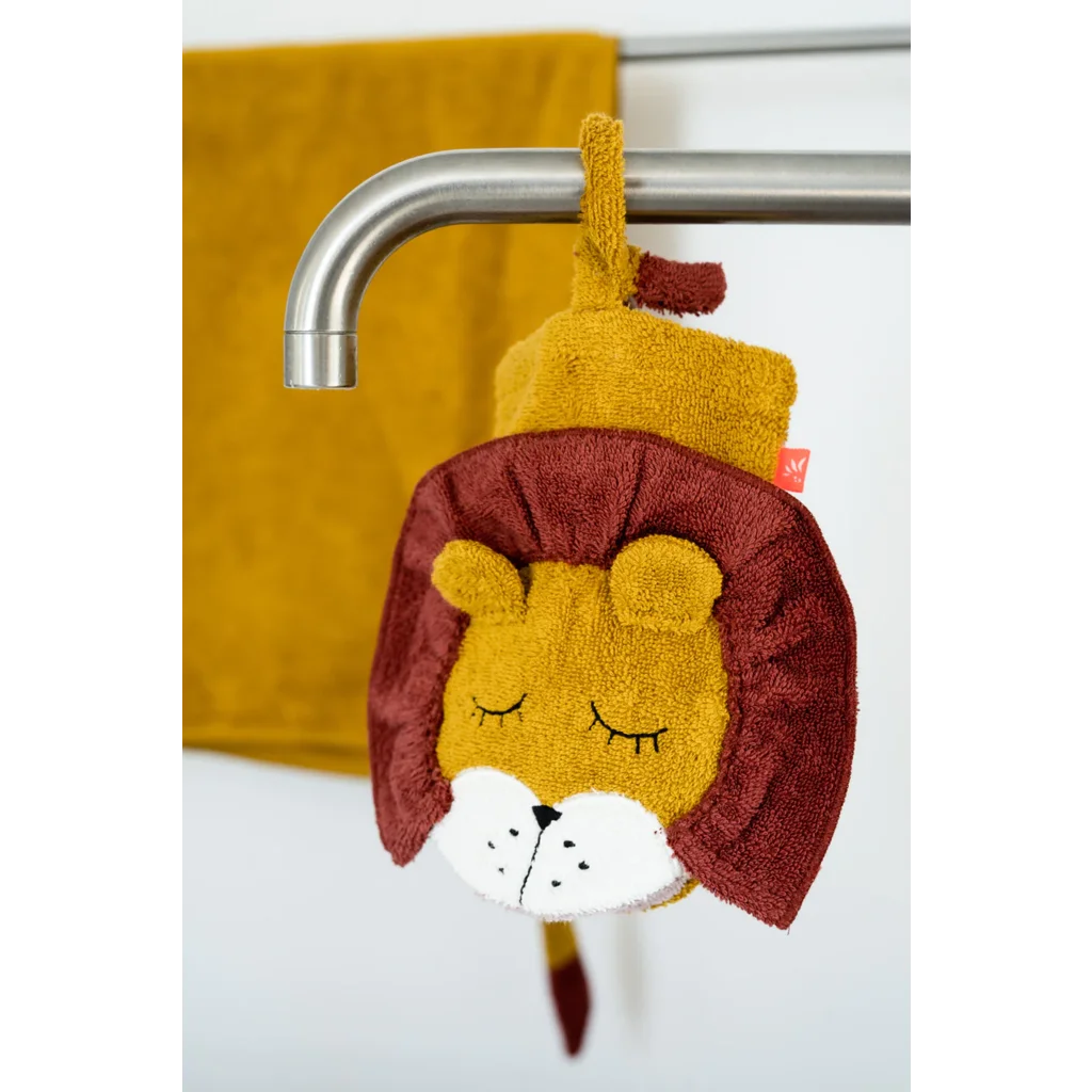 Bio Frottier Baby-+Kinder-Waschhandschuh Löwe in Muster Löwe von kikadu Größe 14x20 cm