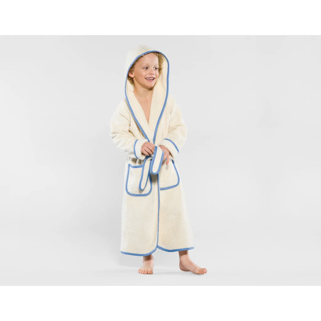 Bio Frottier Kinder-Bademantel in Creme+Blau Creme von Cotonea Größe 134+140