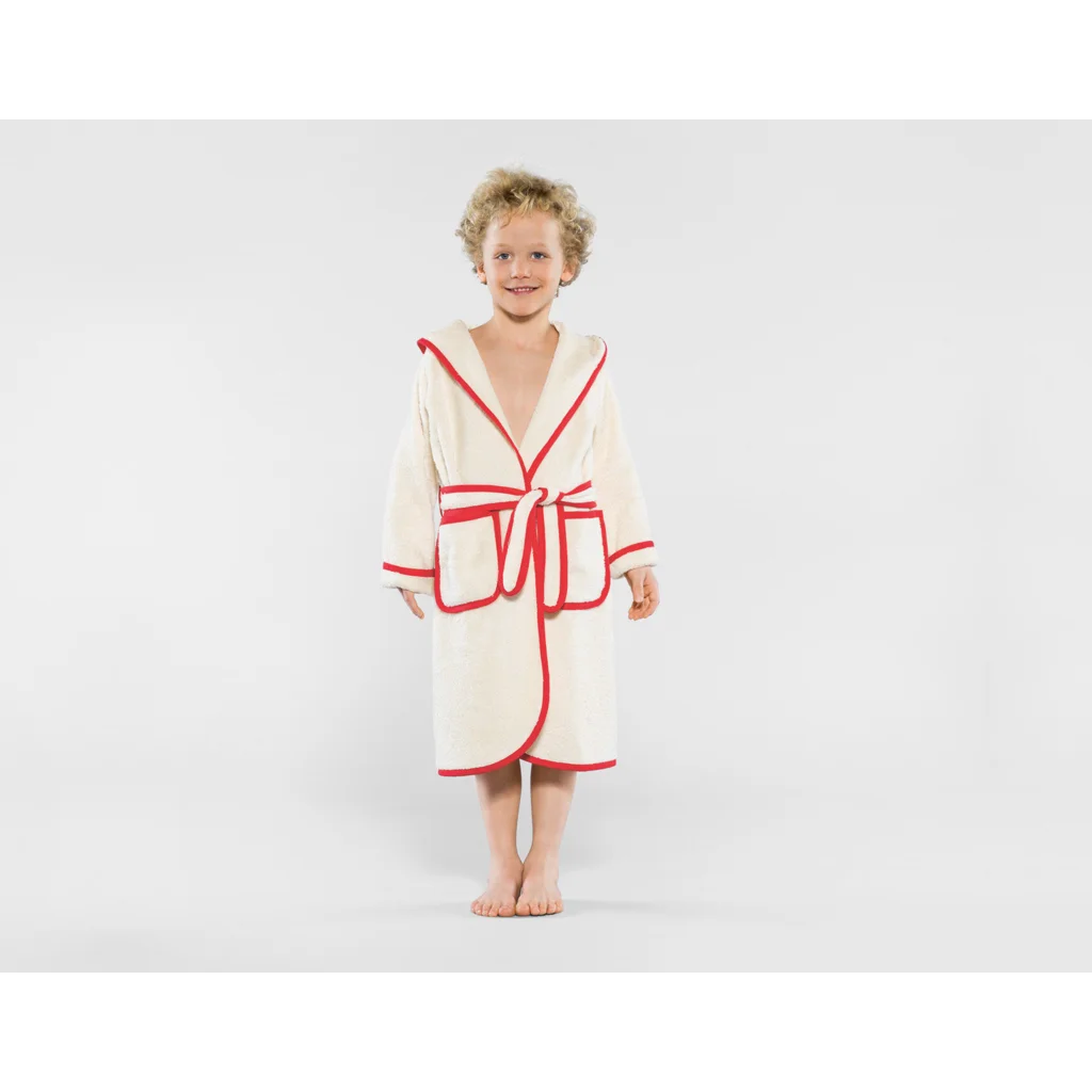 Bio Frottier Kinder-Bademantel in Creme+Rot Creme von Cotonea Größe 122+128