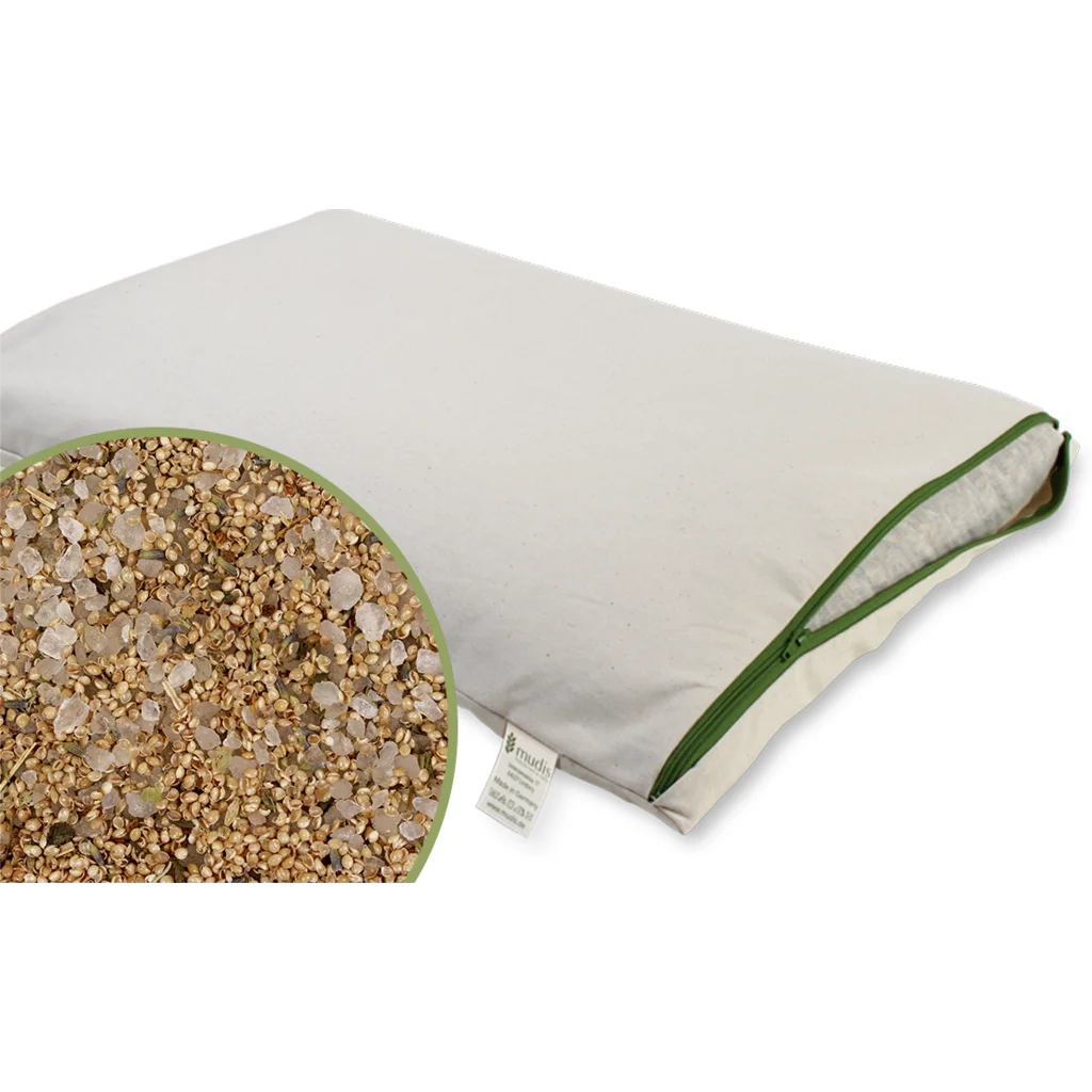 Bio Kissen mit Füllung Hirseschalen & Kräuter & Kristallsalz in Creme von mudis Größe 25x50 cm