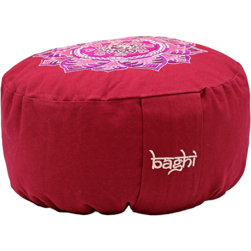 Bio Meditationskissen+Yogakissen rund mit Om-Stickerei in Bordeaux Rot von BAGHI Größe Ø 30 cm Höhe 15 cm