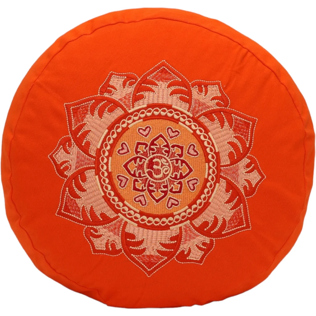 Bio Meditationskissen+Yogakissen rund mit Om-Stickerei in Orange von BAGHI Größe Ø 30 cm Höhe 15 cm