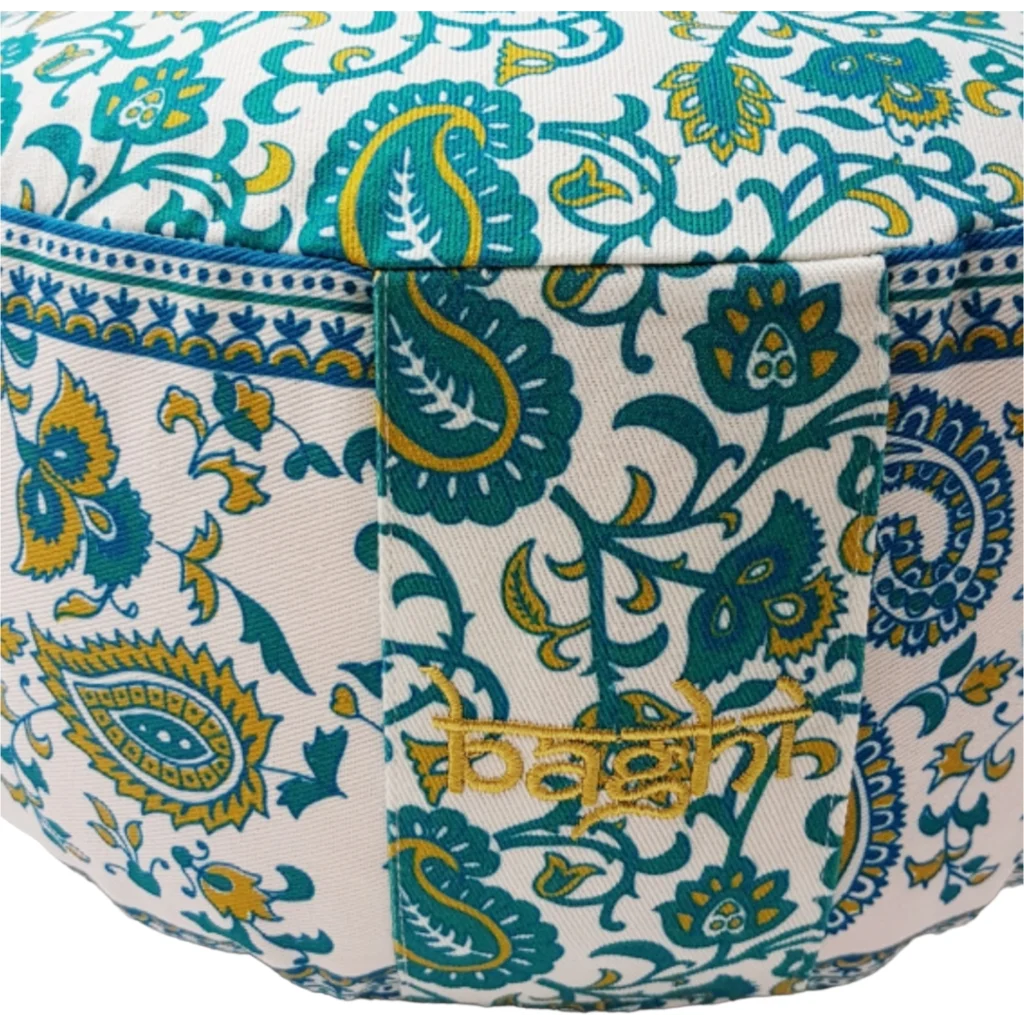 Bio Meditationskissen+Yogakissen rund mit Paisley-Muster in Limette+Petrol Gelb+Blau Muster Bedruckt von BAGHI Größe Ø 30 cm Höhe 15 cm