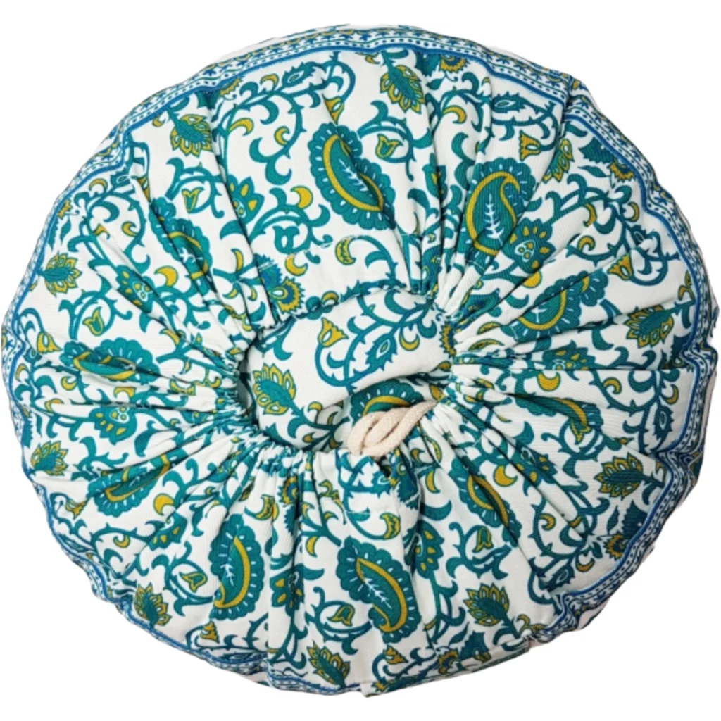 Bio Meditationskissen+Yogakissen rund mit Paisley-Muster in Limette+Petrol Gelb+Blau Muster Bedruckt von BAGHI Größe Ø 30 cm Höhe 15 cm