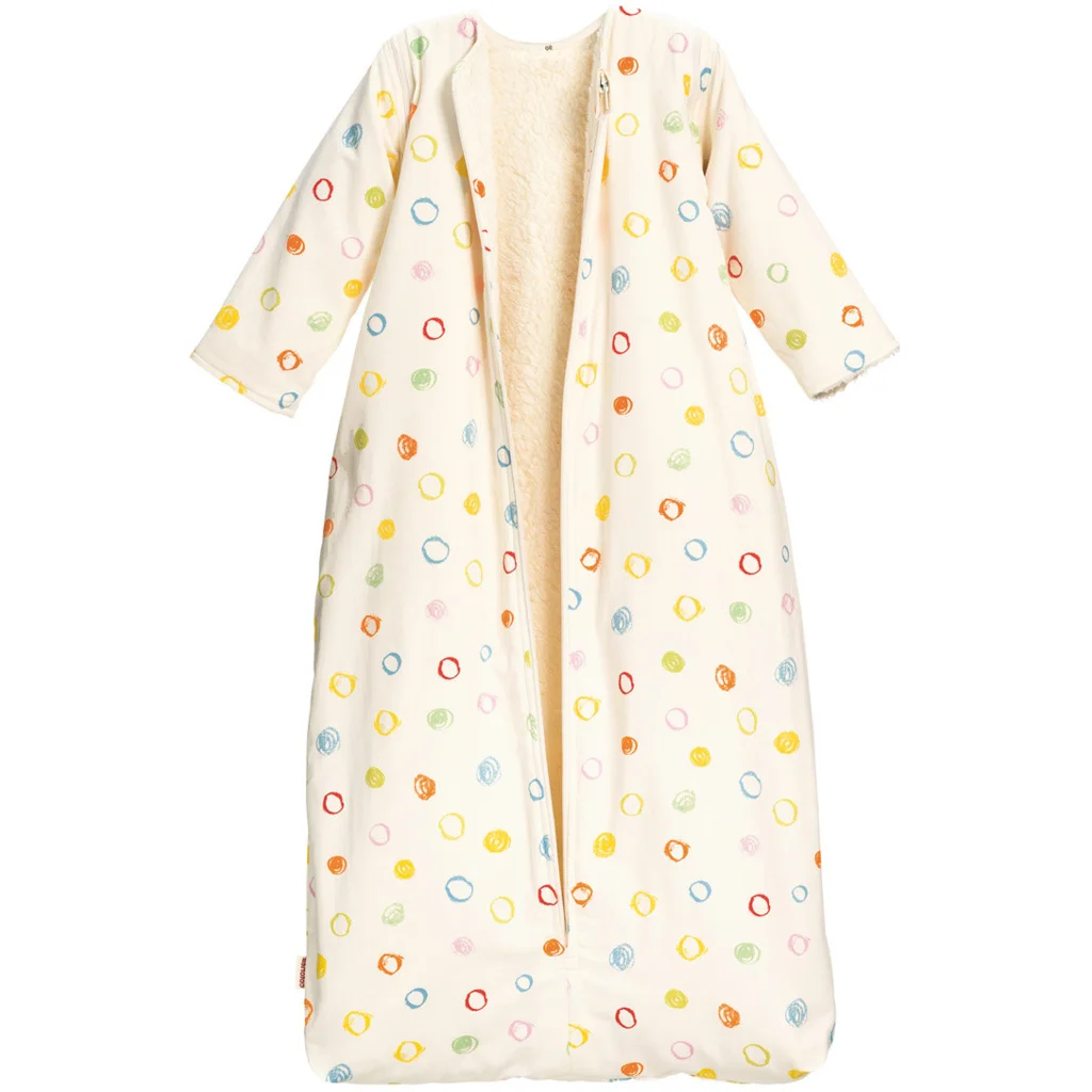 Bio Satin Baby-Schlafsack Kritzelkreise mit Teddyplüschfutter und abnehmbaren Ärmeln  in Muster Kritzelkreise von Cotonea Größe 90 (ca. 97 cm)