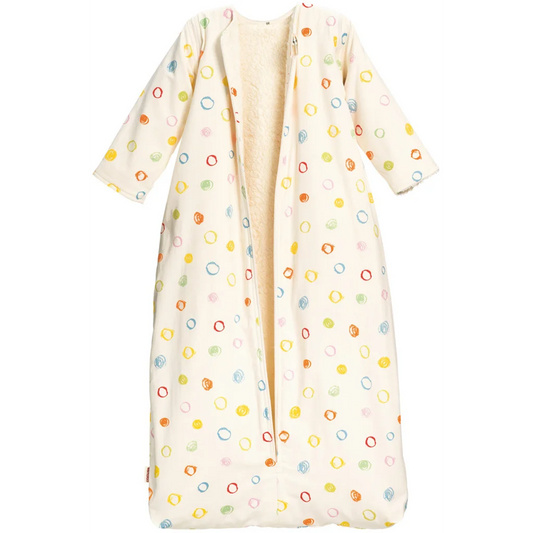 Bio Satin Baby-Schlafsack Kritzelkreise mit Teddyplüschfutter und abnehmbaren Ärmeln  in Muster Kritzelkreise von Cotonea Größe 90 (ca. 97 cm)