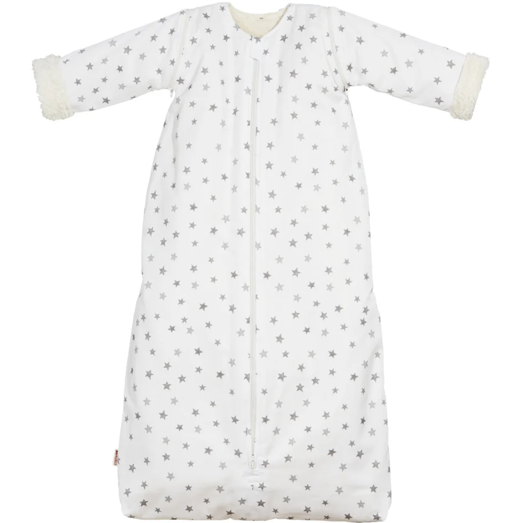 Bio Satin Baby-Schlafsack Sterne mit Teddyplüschfutter und abnehmbaren Ärmeln  in Muster Sterne von Cotonea Größe 90 (ca. 97 cm)