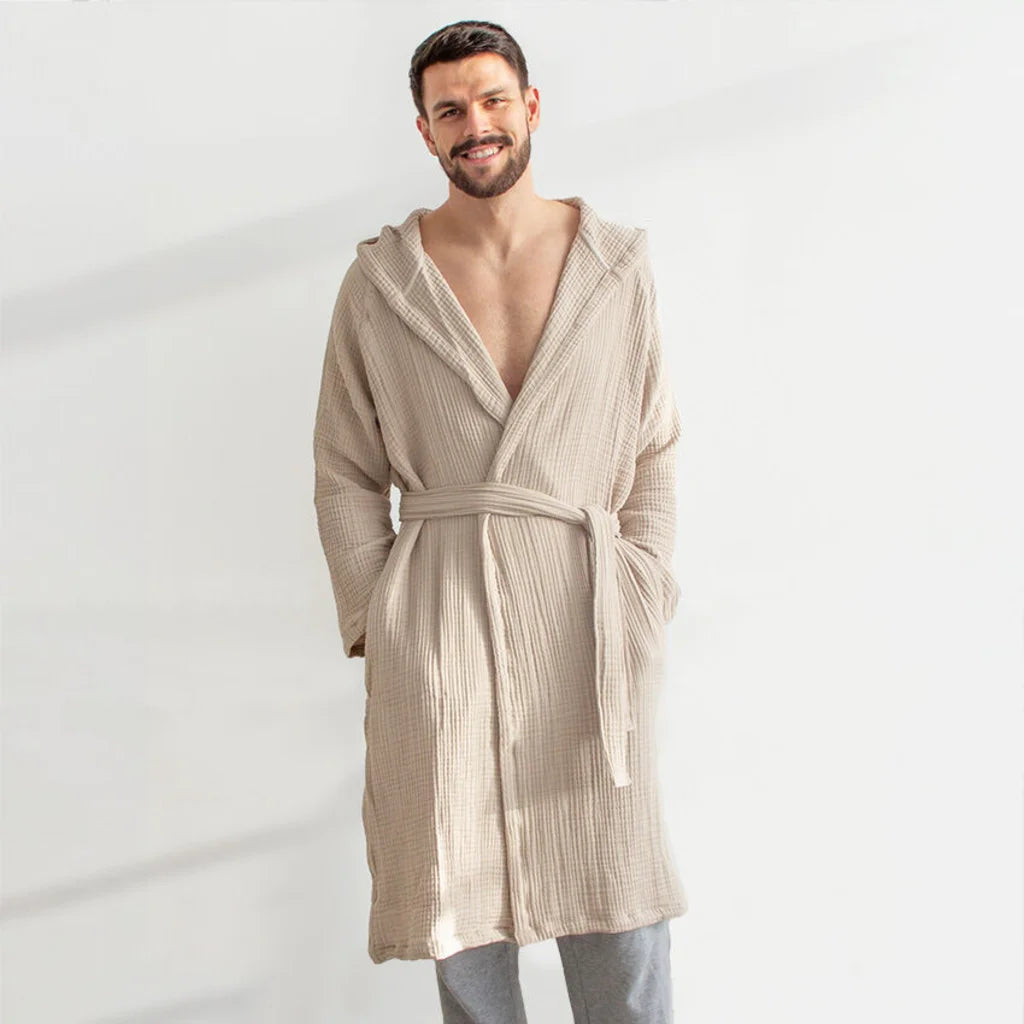 Musselin Morgenmantel in Sand Beige von Jean&Len Größe XS+S